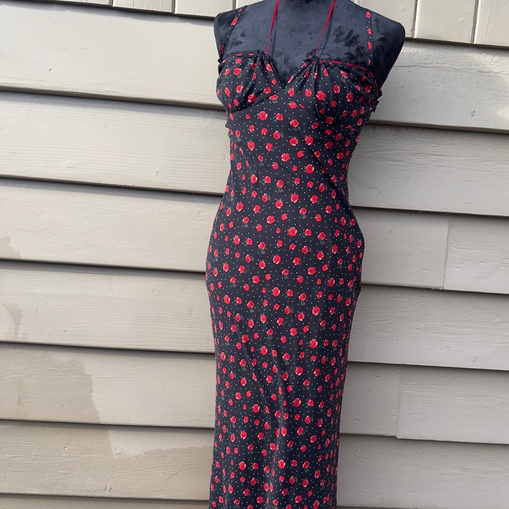 White Fox Boutique Black Maxi Dress with Red Floral Dot Print
